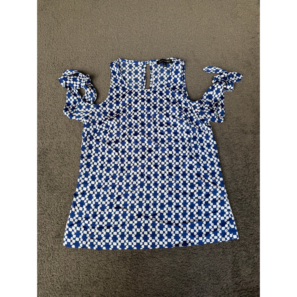 Banana Republic Blue White Geometric Cold Shoulder Tie Sleeve Blouse XS